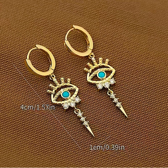 Gold 14K Evil Eye Hoop Zircon Drop Dangling Minimalist Earrings - Picture 7 of 8